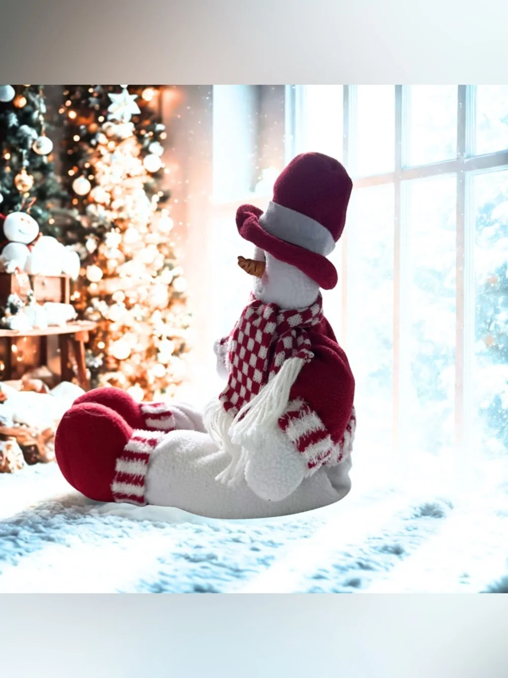 Christmas Snowman Plush Doll Red Hat Checkered Scarf‎ Holiday Decor